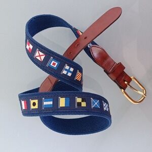 Leather Man Ltd Mens Nautical Signal Flag Belt Navy Blue Leather Brass Size 38